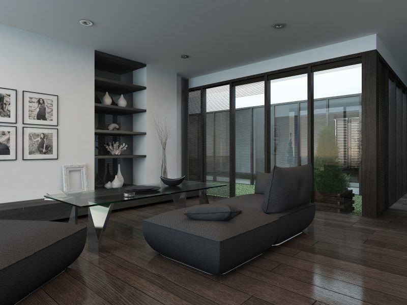 Modern living room interior with gray couch and parquet floor