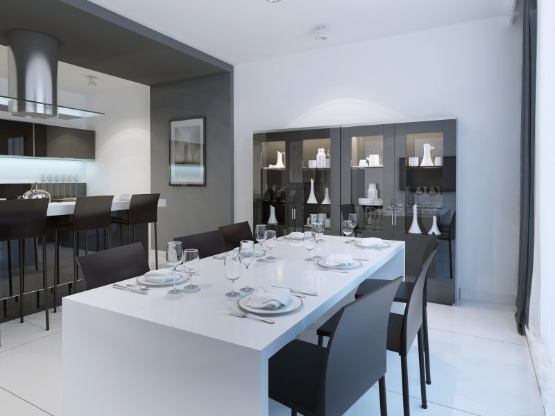 Contemporary dining with served white table. 3D render