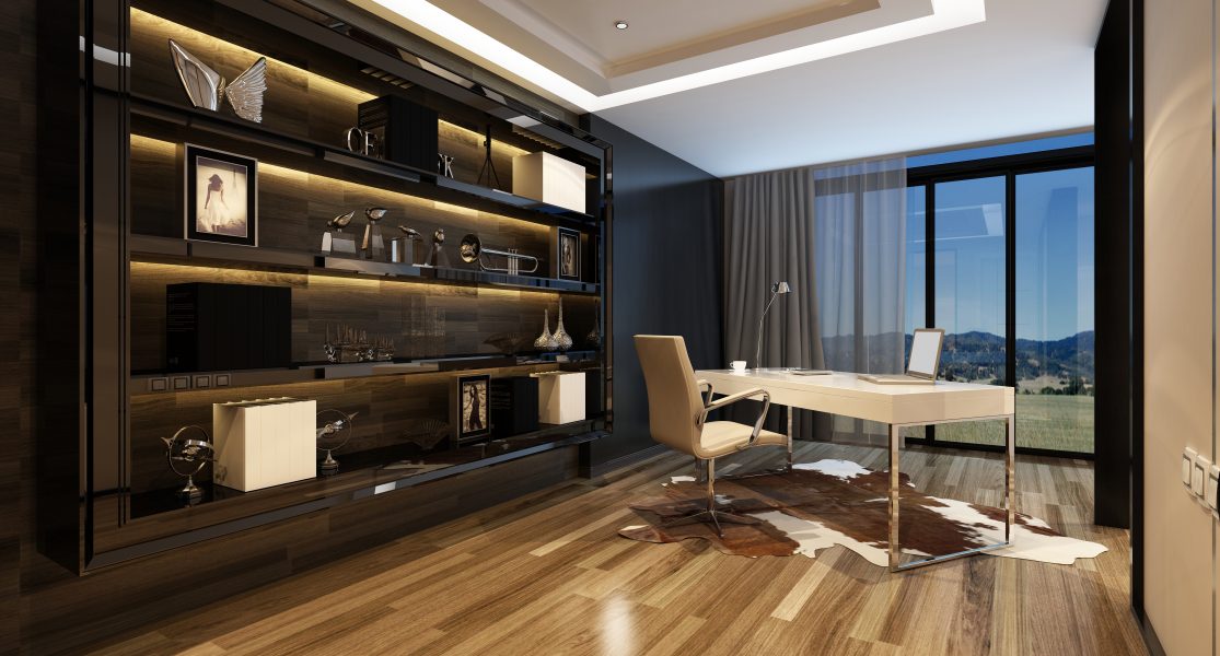 Upmarket home office with a modern desk with a panoramic view through glass windows and large shelving cabinet against the wall, lit by overhead lighting. 3d Rendering.